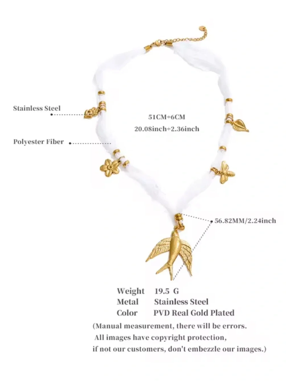 Gold Bird Charm White Lace Necklace